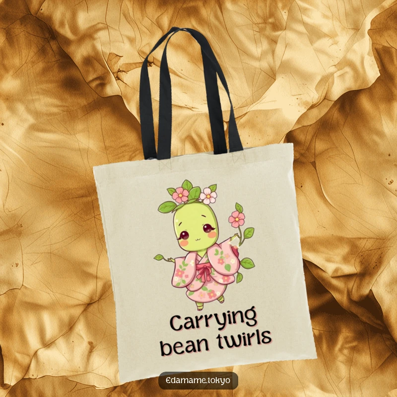 Funny tote bag with a cute edamame character in a floral kimono, captured in a playful twirling motion.