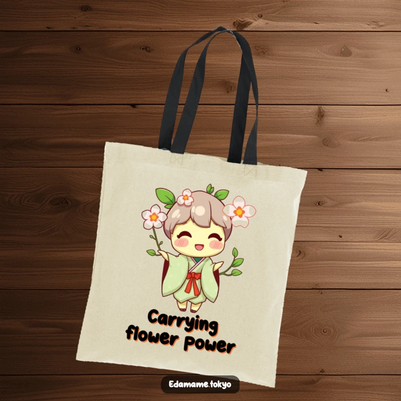 Funny tote bag featuring an edamame character in a traditional kimono, happily offering a delicate flower blossom.