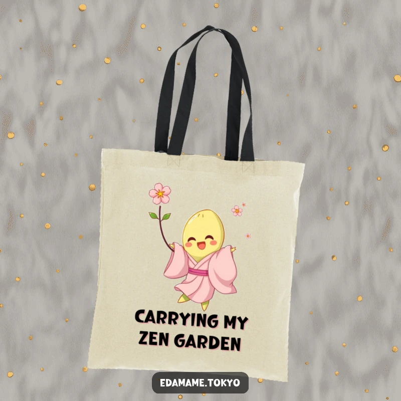 Funny tote bag with a dancing edamame in a pale pink kimono, joyfully twirling with a blossom, ready for adventures.