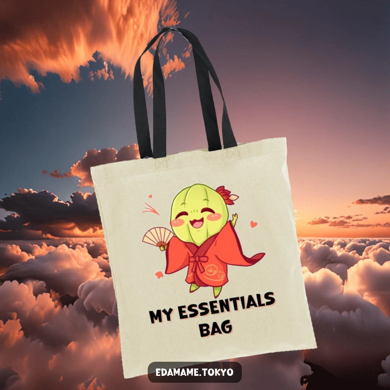 Funny Edamame pod in a vibrant red kimono, playfully tossing a fan, designed on a tote bag, symbolizing lively fun.