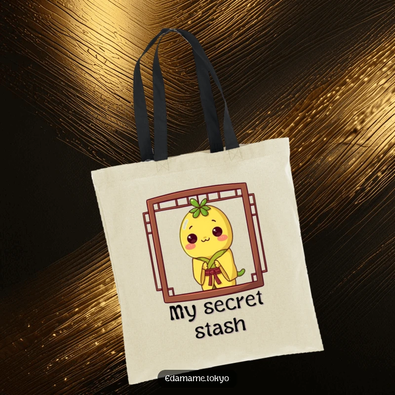 Funny tote bag with an edamame in a yellow kimono, playfully peeking from behind a screen, ready for adventures.